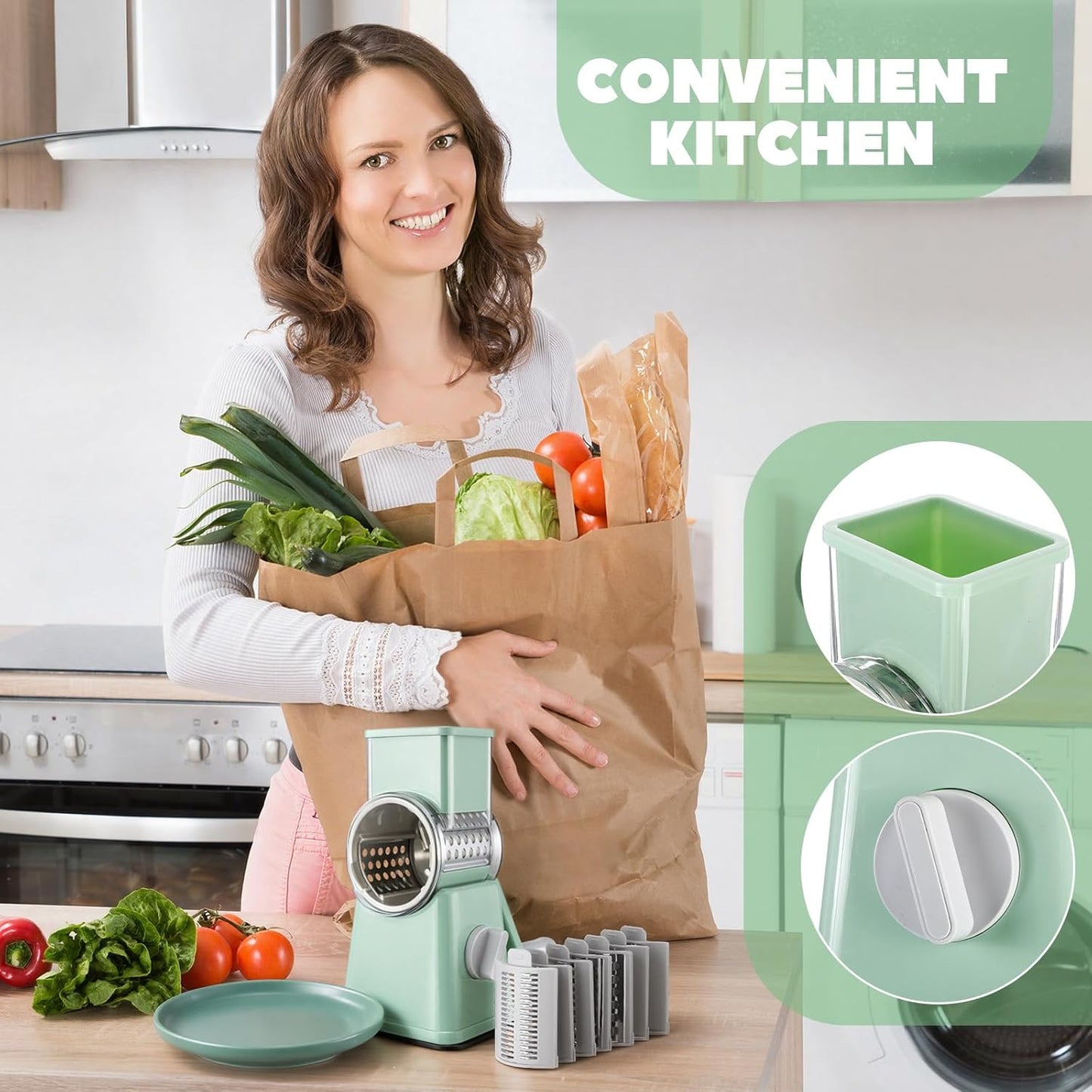 6-in-1 Multifunctional Rotary Cheese Grater with 11 Blades Dice Shred Slice Vegetable Chopper with Suction Base 360° Rotating Handle Safety Push Cup Multi Food Slicer Dicer for Kitchen(Green)