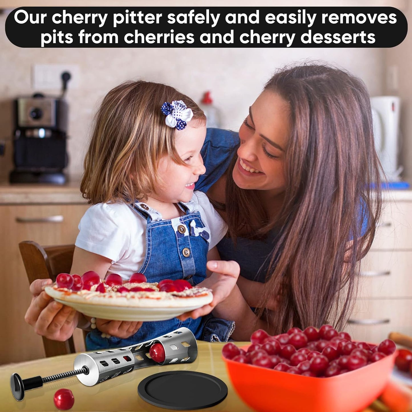 7 Hole Cherry Pitter, Upgraded Stainless Steel with Layer Separation (Fruit & Pit Separate), Anti-Splash Cover, Professional Multi-Cherry Remover for Baking, Kitchen Gadget (Red)