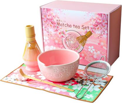 Matcha Whisk Set, Complete 7-in-1 Matcha Set Includes Matcha Bowl, Bamboo Whisk (100+ Prongs) & Holder, Bamboo Scoop & Rest, Stainless Sifter, Tea Towel, Ideal Matcha Kit for Making Matcha (pink)