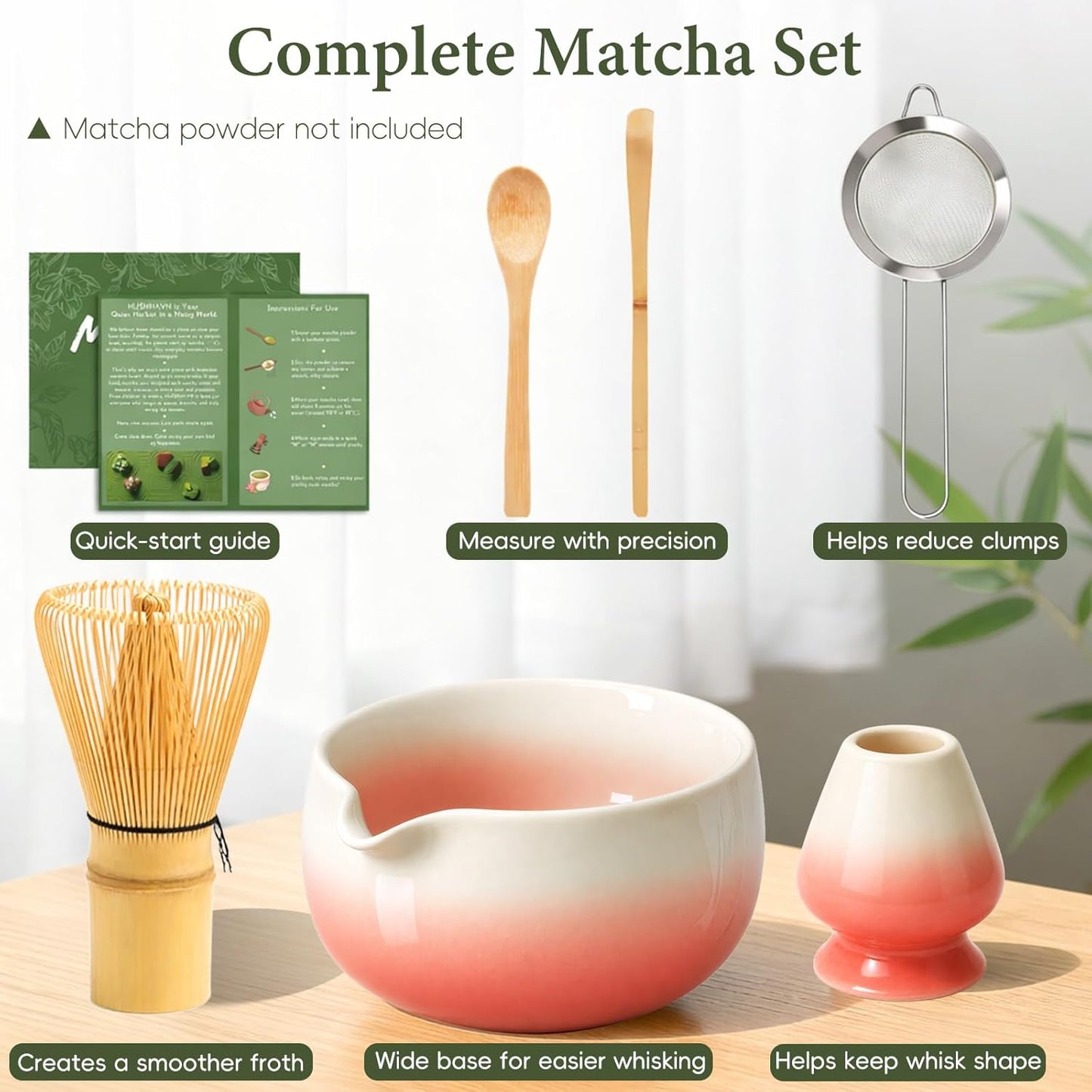 Matcha Whisk Set, Ceramic Matcha Set Includes Bowl & Holder, Bamboo Whisk (Chasen), Scoop, Spoon and Sifter, 6PCS Matcha Kit Covers Everything Needed for Making Matcha (Green)
