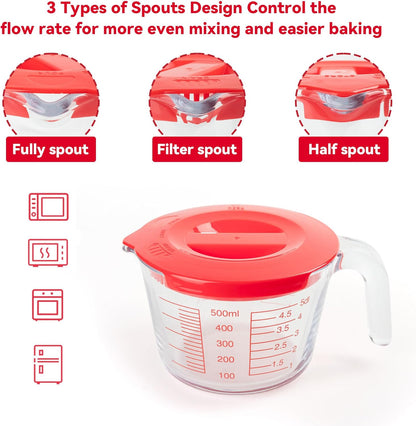 6 Pcs Glass Measuring Cups Set with Lids (Strainer Included) - 1-Cup/2-Cup/4-Cup Nesting Jugs with Easy-Grip Handles, Kitchen Liquid Measuring