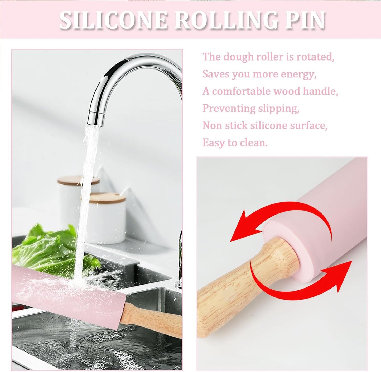 Silicone Rolling Pin for Baking,15Inch Pastry Dough Roller with Wooden Handle,Non Stick Surface Rolling Pin for Dough Cookie Pastry Tapered Dumpling Baking Supplies Kitchen Accessories