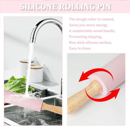 Silicone Rolling Pin for Baking,15Inch Pastry Dough Roller with Wooden Handle,Non Stick Surface Rolling Pin for Dough Cookie Pastry Tapered Dumpling Baking Supplies Kitchen Accessories