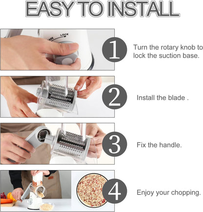 Ourokhome Rotary Cheese Grater Hand Crank, Kitchen Shredder Speed Mandolin Slicer Nut Grinder with Handle and Drum Blades for Cheese, Vegetable, Walnut, Chocolate, Potato, Carrot, 3 Blades, Dark Blue