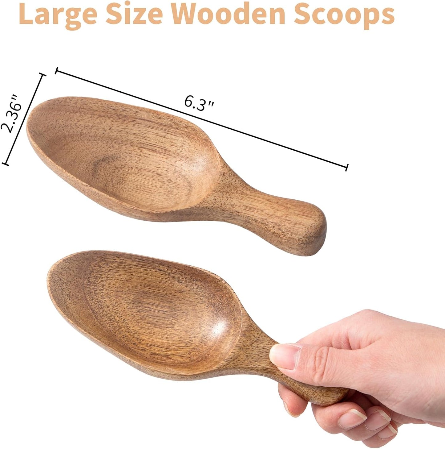 Big Wooden Scoop Shovel, Large Coffee Scoops for Ground coffee, 2PCS Acacia Wood Bean Salt Spoons, Wooden Scoops for Jars Canisters, Kitchen Scoops for Flour Laundry Scoop Multi-purpose