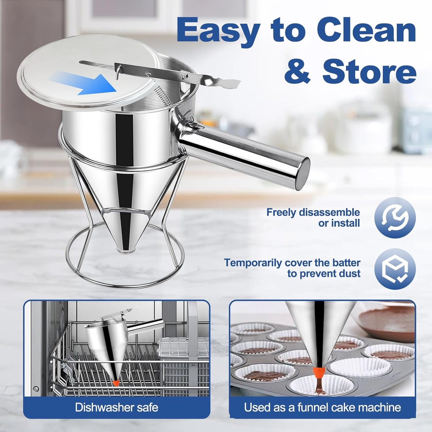 Pancake Batter Dispenser,40oz Stainless Steel Funnel Cake Dispenser,with Lids,Stand,4 Silicone Nozzles,Brush,Egg Beater,Easy Control Batter Dispenser for Pancakes,Cupcakes, Funnel Cakes,Muffins & More