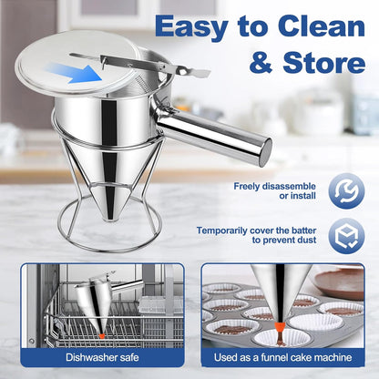 Pancake Batter Dispenser,40oz Stainless Steel Funnel Cake Dispenser,with Lids,Stand,4 Silicone Nozzles,Brush,Egg Beater,Easy Control Batter Dispenser for Pancakes,Cupcakes, Funnel Cakes,Muffins & More