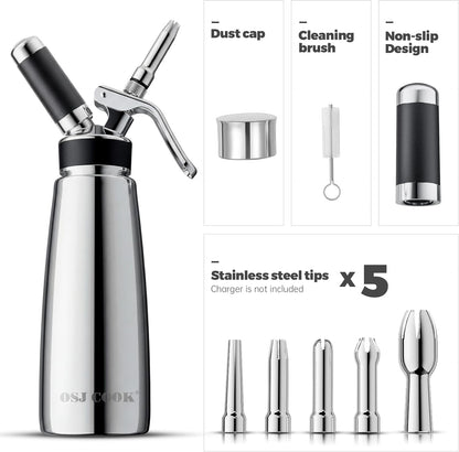 Professional Aluminum Whipped Cream Dispenser - 500 mL/1 Pint,Leak-Free Whipped Cream Maker Canister with 8 Decorating Nozzles & Cleaning Brush - N2O Chargers (Not Included) (Silver, 500ml)