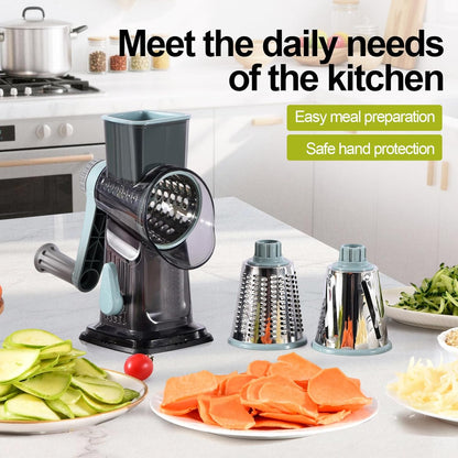 Rotary Cheese Grater 3-in-1 and Shredder with Hand Crank - for Cheese, Vegetables & Nuts, Non-Slip Suction Cup Base, Food Grade, Black