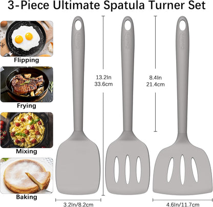 Coukre 3 Pack Silicone Spatula Set, High Heat Resistant, BPA-Free, Fish Spatula, Solid & Slotted Turner for Non-Stick Pans, Flipping Eggs, Pancakes, Fish, Burgers (3, PureBlack)