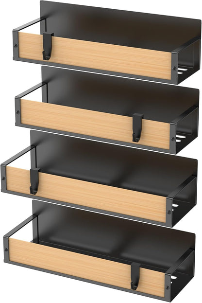 HuggieGems Metal 4 Pack Magnetic Spice Storage Rack Organizer for Refrigerator and Oven, Black Fridge Organizers and Storage, Metal