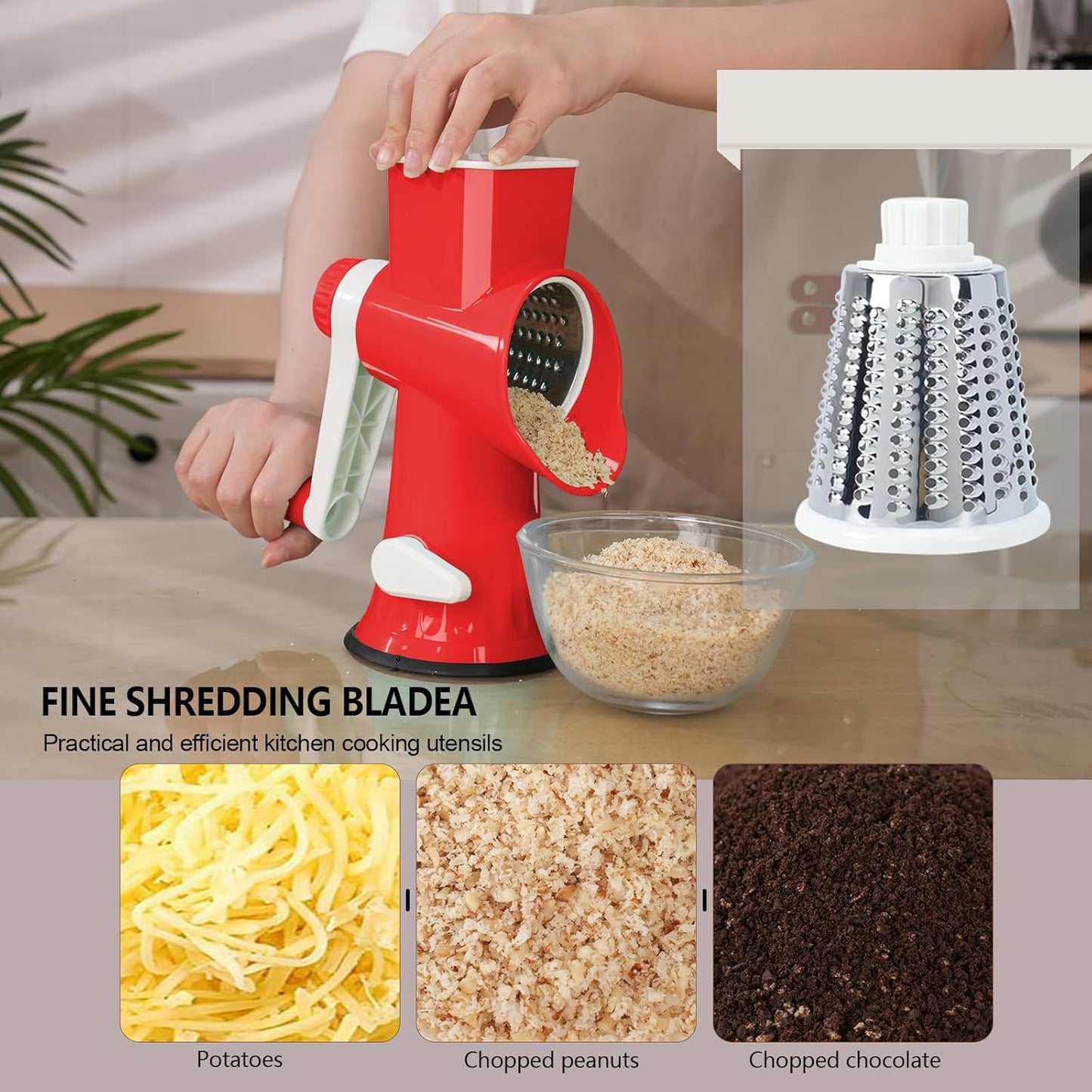 Rotary Cheese Grater with Handle-Versatile Cheese Grater Non-Slip Suction Base,Cheese Shredder & Food Slicer for Cheese,Carrots, Cucumbers,Nuts-Compact & Easy Clean Kitchen Kitchen Tool (blue)