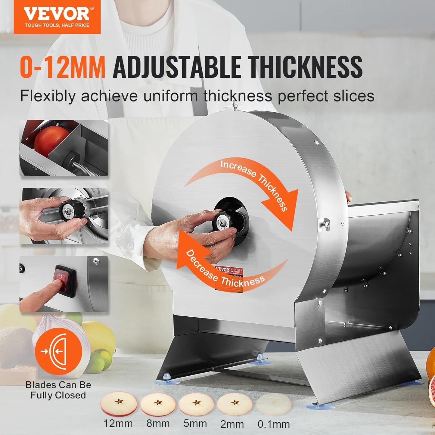 VEVOR Electric Vegetable Slicer, 0-0.5"/0-12mm Thickness Adjustable Commercial Slicer Machine, Convertible to Manual, Stainless Steel Food Cutter Slicing Machine, for Potato, Lemon, Tomato, Apple