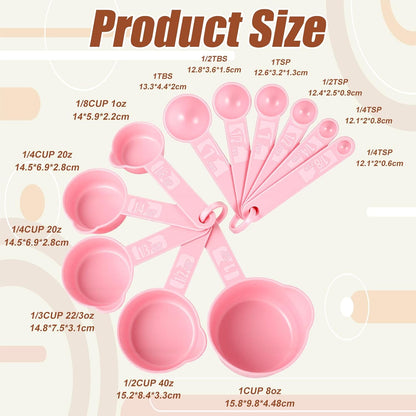 Amabro 11pcs Measuring Cups and Spoons Set, Nesting Measure Cups with Ring and Easy Read Markings Small Teaspoon with Plastic Head for Dry & Liquid Ingredients, Pink