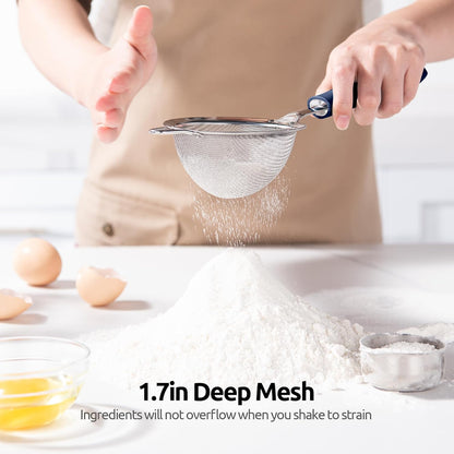 18/8 Stainless Steel Mesh Strainer: U-Taste 5.5 Inch Kitchen Fine Mesh Sieve Food Colander with Riveted Sturdy Silicone Handle and 30 Mesh Hole for Straining Flour, Pasta, Fruit, Quinoa(Aqua Sky)
