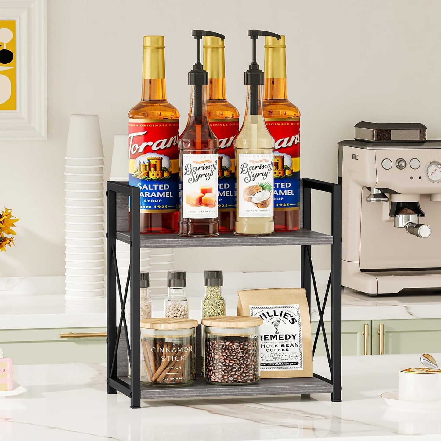 Giikin Countertop Shelf Organizer, 2 Tier Kitchen Spice Rack for Countertop, Wood Coffee Counter Shelf Organizer for Home (Brown, S)