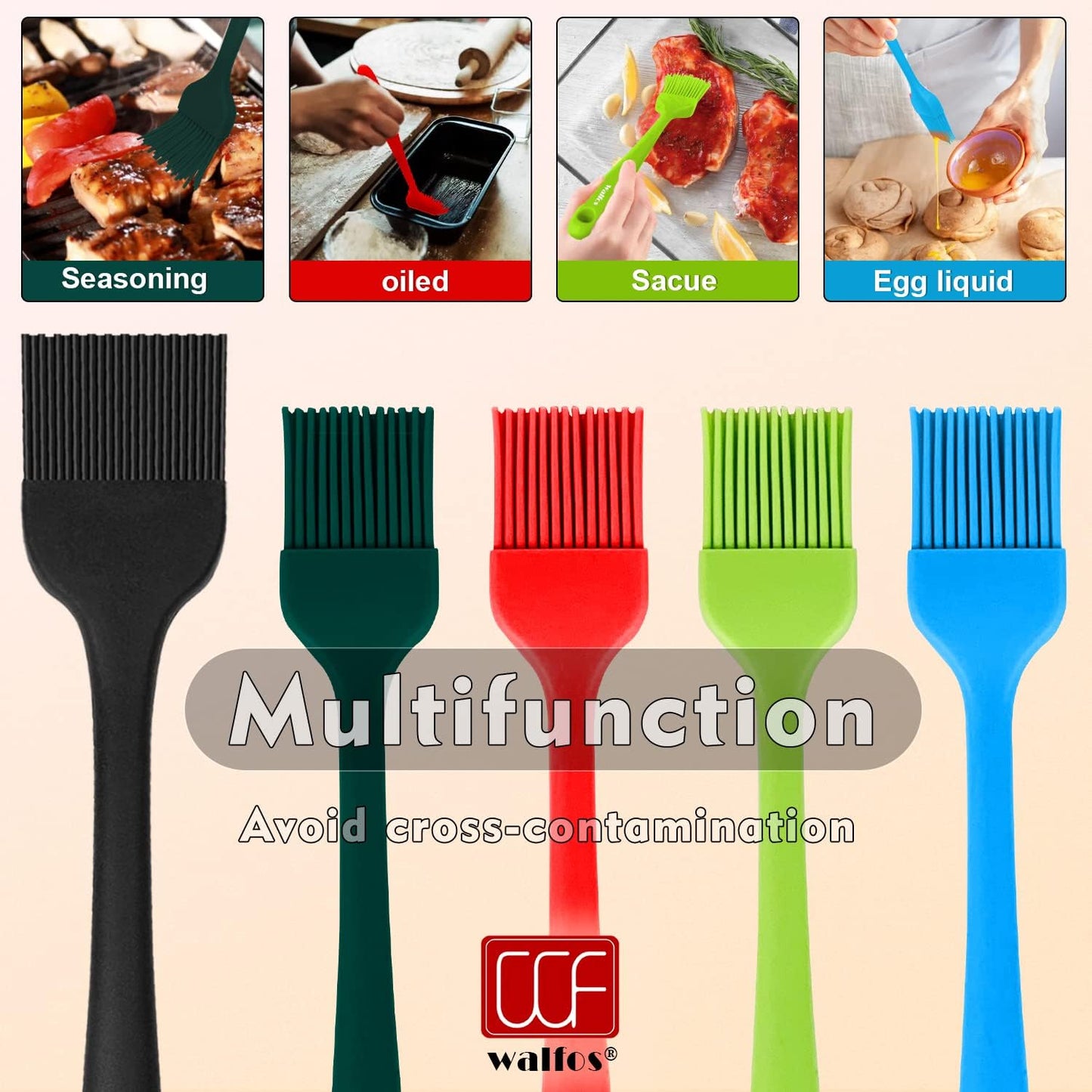 Walfos 600°F Heat Resistant Silicone Basting Brushes BPA Free Pastry Brush, Spread Oil Butter Sauce for BBQ Grill Baking Kitchen Cooking, Dishwasher Safe (2 SIZE)