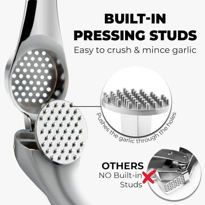 Zulay Kitchen Premium Garlic Press Set - Rust Proof Professional Garlic Mincer Tool - Easy-Squeeze, Easy-Clean with Soft, Ergonomic Handle - Silicone Garlic Peeler & Brush (Silver)