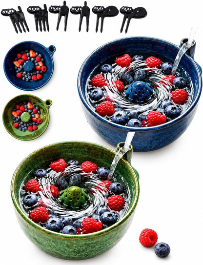 Vortex Berry Bowl The Original Artisan Swirling Berry Bowls Handmade 3D Print Berry Colander Self Rinsing Fruit Washing Stoneware Rinse Gentle Dynamic Washer Spinner Basket(3D Printing Blue)