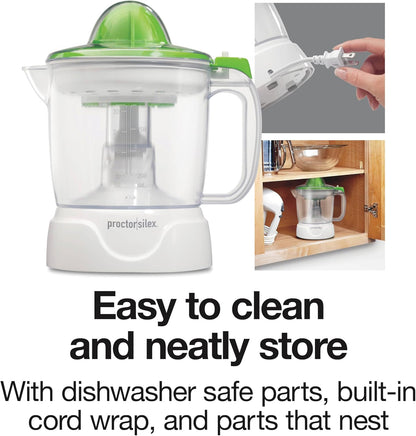 Proctor Silex Electric Citrus Juicer Machine, Large 34 oz. Pitcher, Pressure Activated, 2 Reamers for Big and Small Fruit, Pulp Control, for Orange, Lemon, Grapefruit Juice, White & Green (66340)