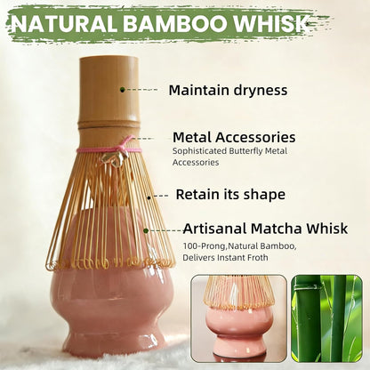 8PCS Japanese Matcha Whisk Set -With Ceramic Bowl (Spout Design),Bamboo Whisk and Holder,Scoop, Scoop Rest, Tea Towel,Sifter Kit for Lovers - Ideal for Daily Use, Ceremonial Use & Gifts(ALL) (Pink)
