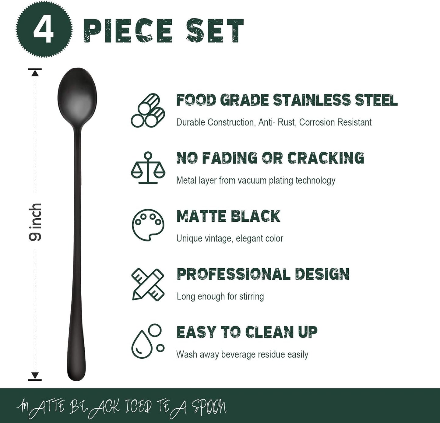 Hiware 9-Inch Long Handle Iced Tea Spoon, Coffee Spoon, Ice Cream Spoons, Stainless Steel Cocktail Stirring Spoons, Set of 4