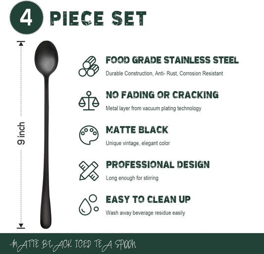 Hiware 9-Inch Long Handle Iced Tea Spoon, Coffee Spoon, Ice Cream Spoons, Stainless Steel Cocktail Stirring Spoons, Set of 4