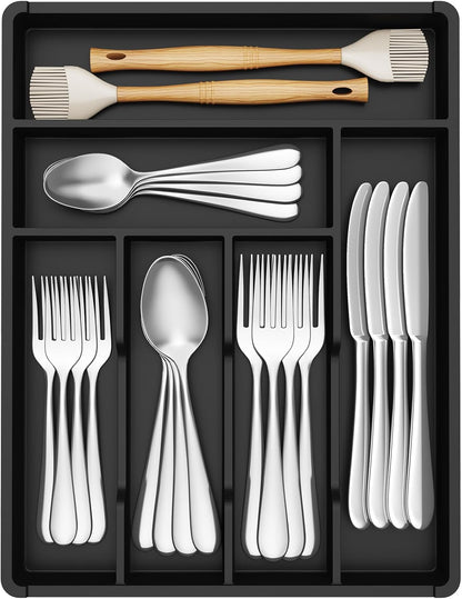 Lifewit Silverware Drawer Organizer Tray, Plastic Cutlery Storage for Kitchen, Flatware and Utensil Holder Divider for Spoons Forks Knives Tableware, 9.1 x 12.6", 5 Slots, Black