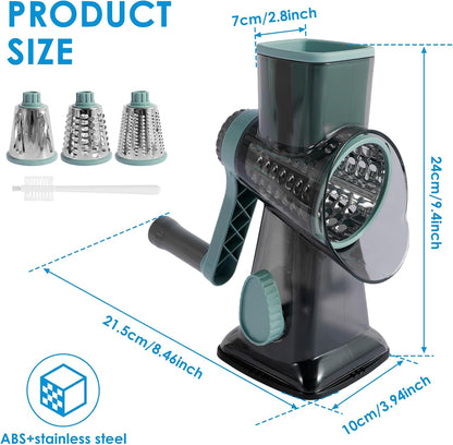 Rotary Cheese Grater with Handle, Shredder Slicer Grinder 3 Stainless Steel Blades Manual Cheese Cutter Hand Crank Graters for Kitchen Potato Zucchini Carrot Potato Vegetable Nuts Chocolate