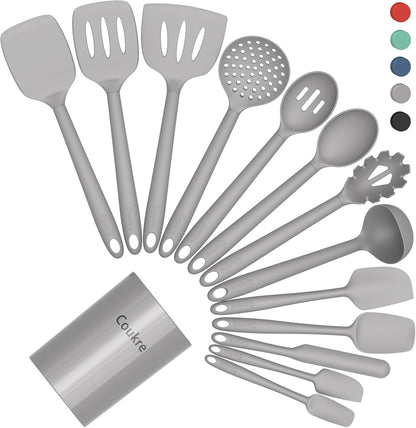Coukre Silicone Kitchen Cooking Utensils Set with Holder – Heat-Resistant, Food-Grade Kitchen Tools, Spatula, Spoon & Gadgets for Non-Stick Pans, Dishwasher Safe (14, PureBlack)