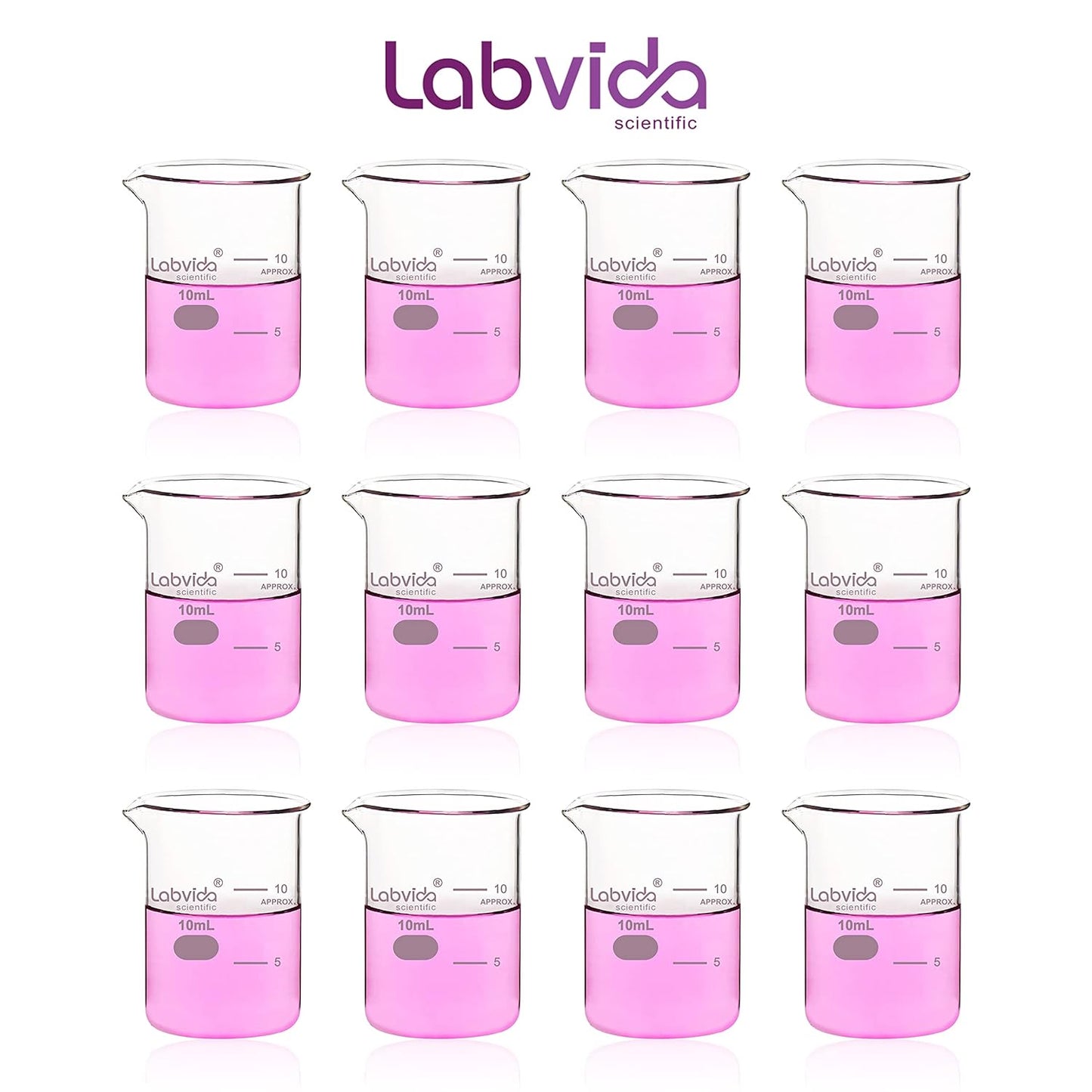 Upgrated 6 Size Low Form Glass Beaker Set, 25ml 50ml 100ml 250ml 500ml 1000ml, 3.3 Boro Glass beakers with Printed Graduation, LVA019