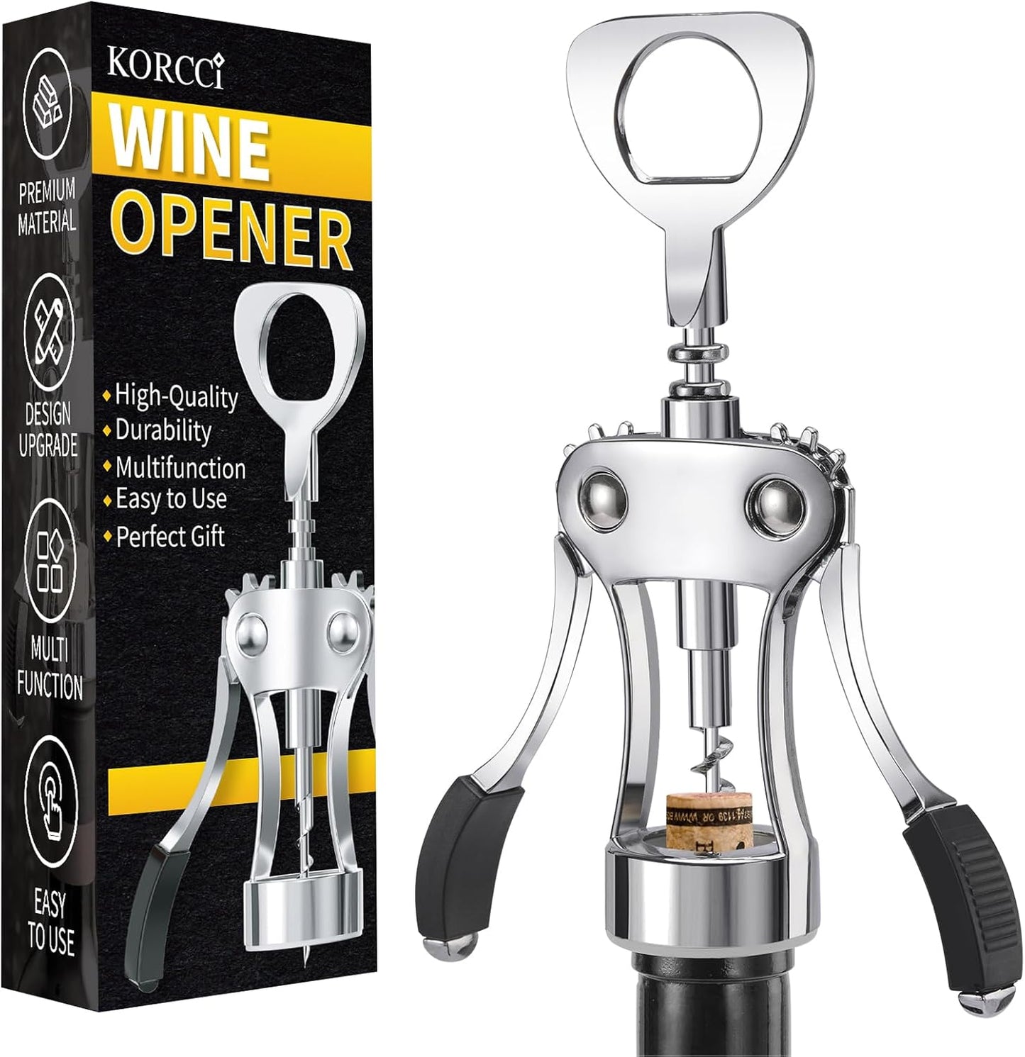 KORCCI Wine Opener, Heavy-Duty Zinc Alloy Wing Corkscrew, Premium Beer Bottle Opener, Multifunctional Wine Accessories with Ergonomic Handle and Sharp Screw, for Kitchen, Bar, Restaurant (SILVER)