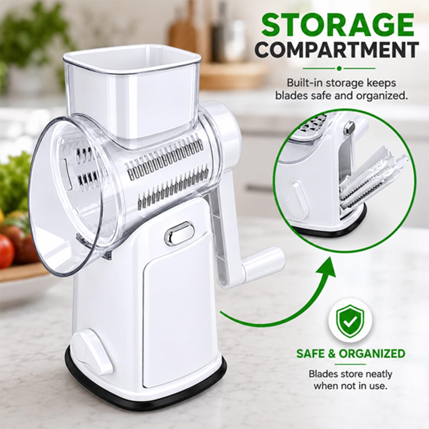 Rotary Cheese Grater Hand Crank, 5 In 1 Shredder with Handle, Vegetable Slicer Mandoline Food Chopper, Strong Suction Base Kitchen Gadget for Cheese Vegetables Nuts – White