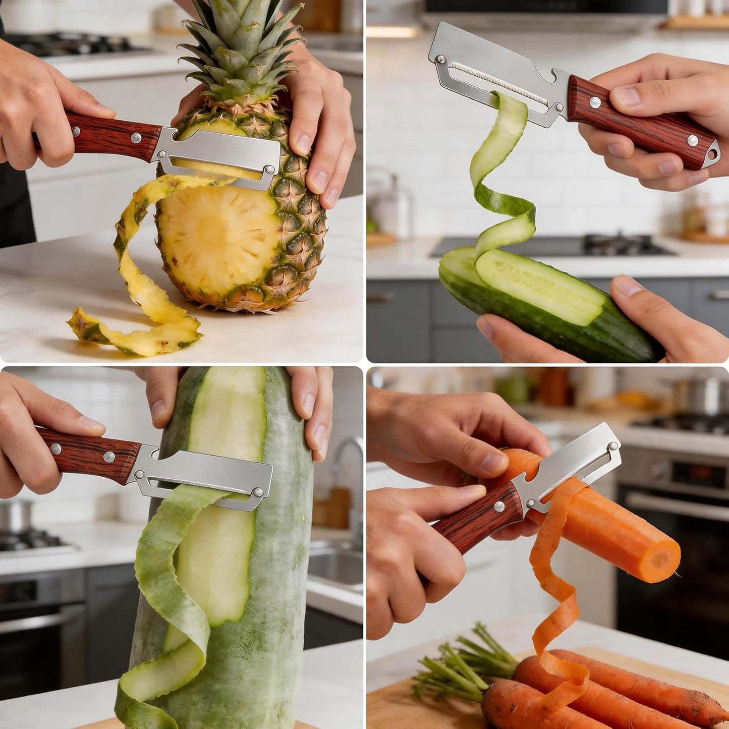 Multifunctional Vegetable Peeler, 3 in 1 Julienne Peeler with Wooden Handle, Vegetable Shredder with Bottle Opener Kitchen Tool for Peeling Veggie Fruit Pineapple Pumpkin Papaya Carrrot(2 Pack)