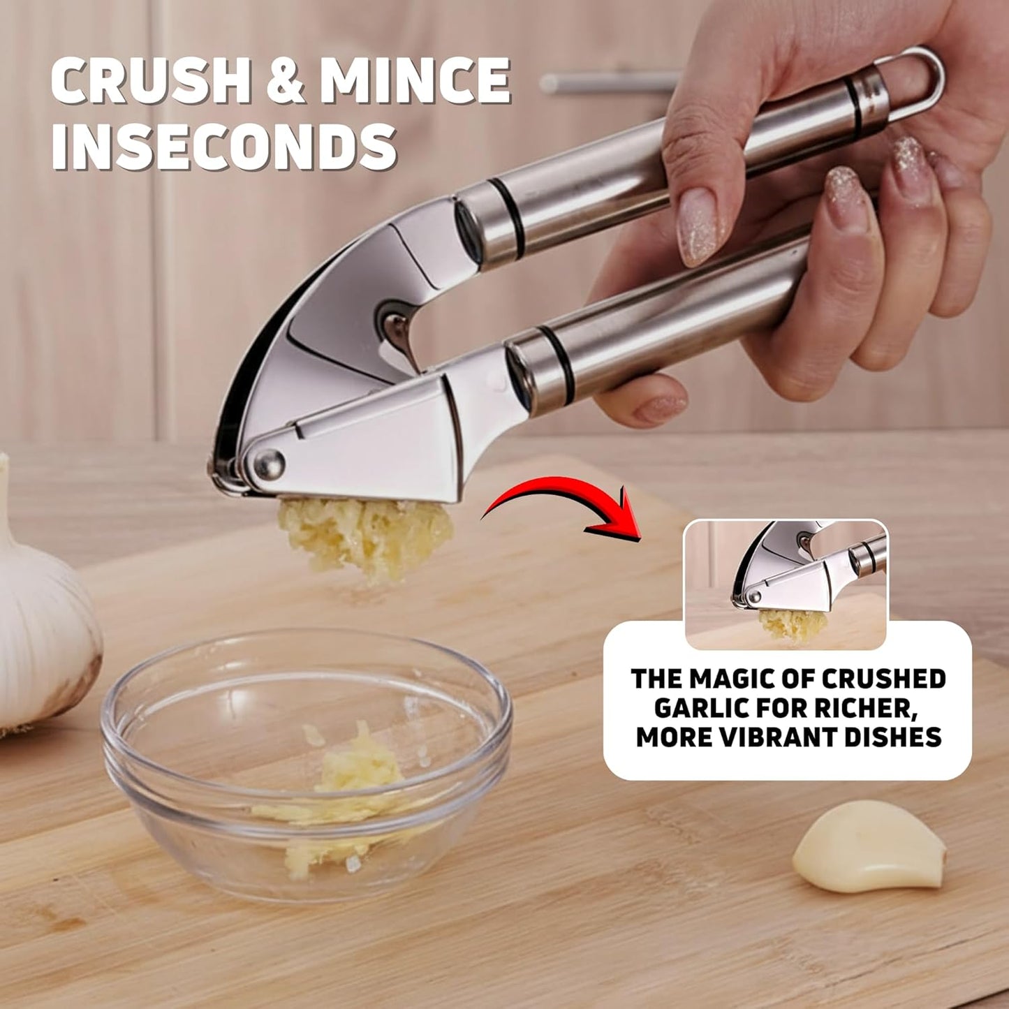 KUYRA Garlic Press Stainless Steel Set Premium Professional Garlic Mincer, Silicone Peeler & Brush, Clove Crusher, Handheld Mincer & Squeezer, Easy Clean Rustproof, Dishwasher Safe Kitchen Peelers