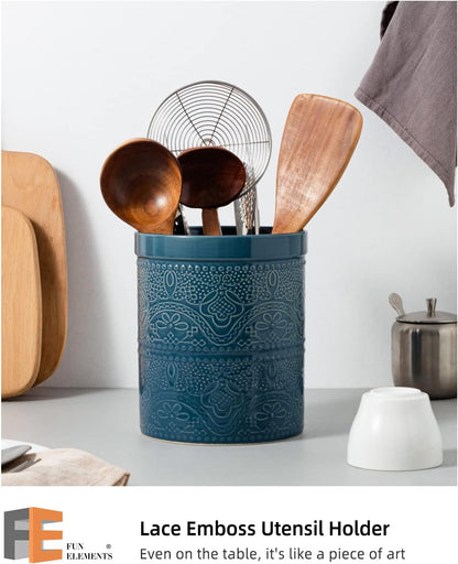 FUN ELEMENTS Kitchen Utensil Holder, 7.2" Super Large Utensil Crock Heavy and Stable Lace Emboss Ceramic Utensil Holder for Kitchen Counter (Bright White)