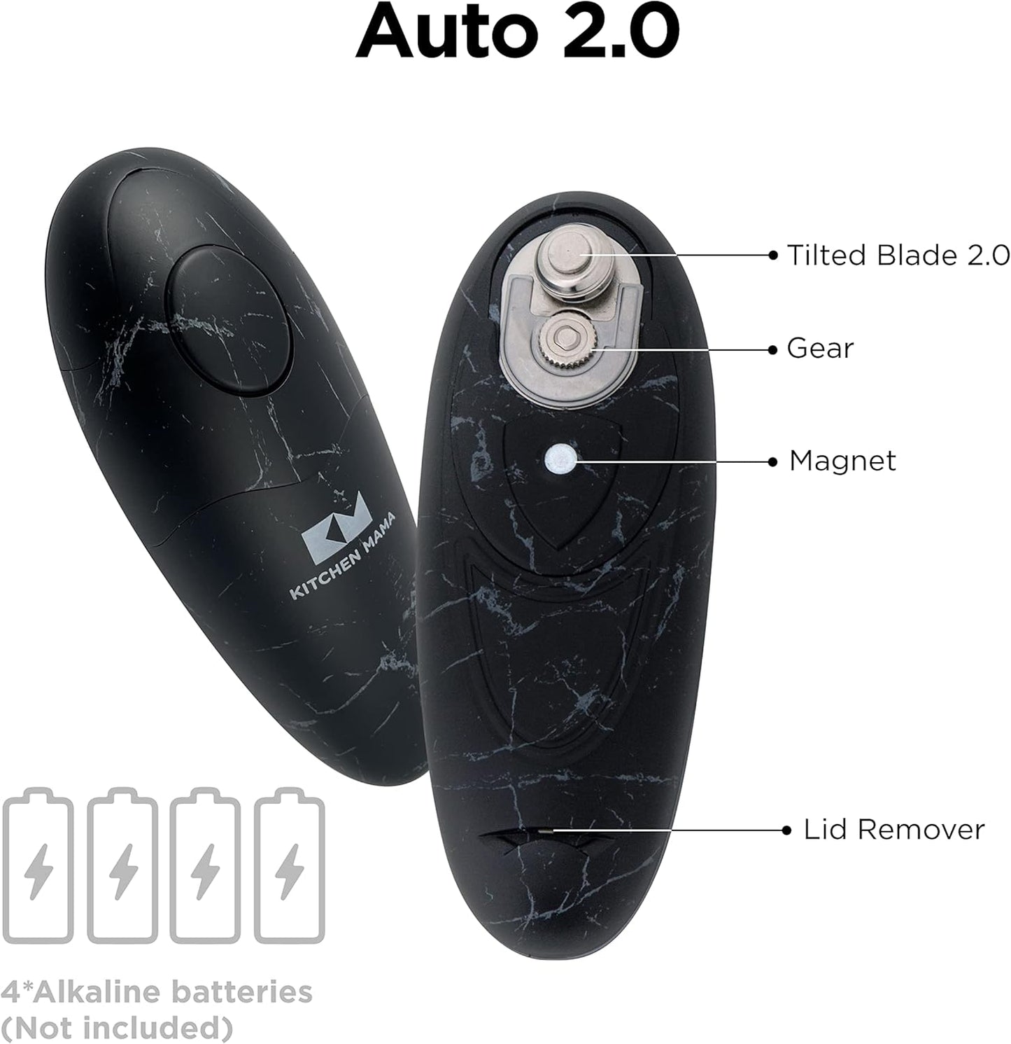 Kitchen Mama Auto 2.0 Electric Can Opener: Blade Opens Almost Any Can Pop or Soda Can - Automatic, Hands Free, Safe, Smooth Edge, Lid Remover, Battery Operated, Cordless, YES YOU CAN (Marble White)