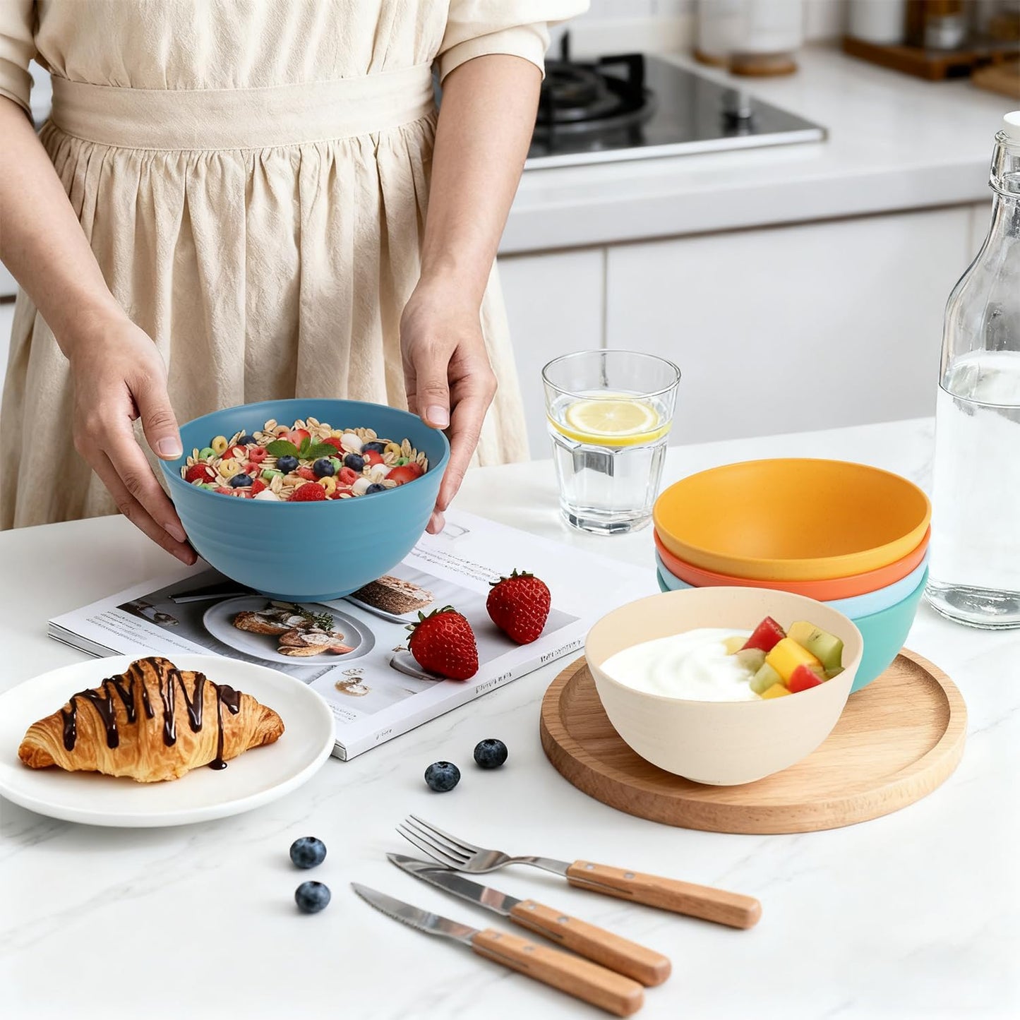 Wheat Straw Bowls Set with Lids, Unbreakable 40 OZ Cereal Bowls Set of 4, Salad Container for Lunch, Microwave & Dishwasher Safe Bowl Set for Kitchen, Picnic, RV, Camping, Multi