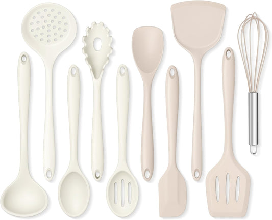Onader Silicone Cooking Utensils Set of 10, Kitchen Utensils for Nonstick Cookware, Heat Resistant & Nontoxic Spatula Set- Khaki