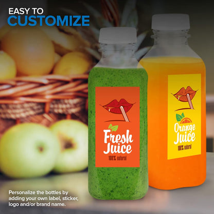 12 oz Juice Bottles with Caps for Juicing (12 pack) - Reusable Clear Empty Plastic Water Bottles - Drink Containers for Mini Fridge, Juicer Shots Includes Labels, Brush & Funnel