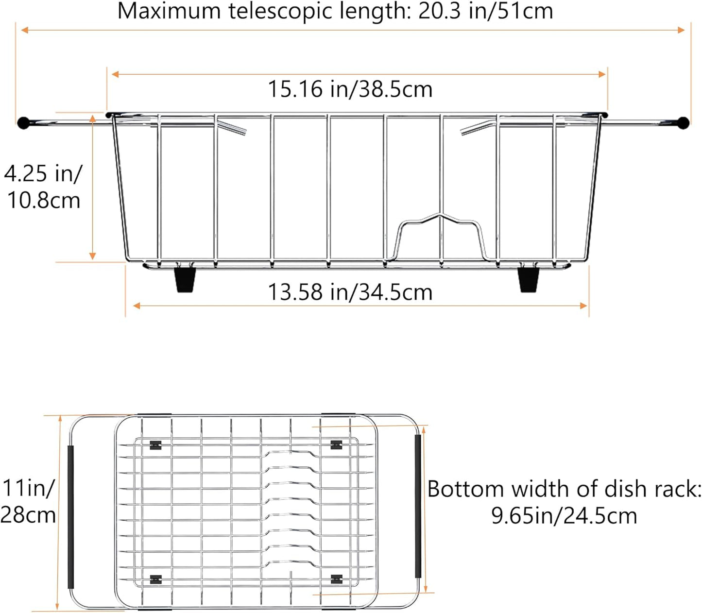 NiuYichee Stainless Steel Dish Drying Rack(15.2"L X 13"W X 5.8"H), Expandable Fruit & Vegetable Drain Rack over Sink, Dish Drainer Rack in Sink, with Stainless Steel Utensil Holder & Silicone Mat(16")