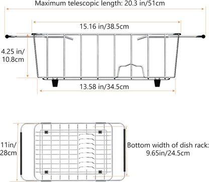 NiuYichee Stainless Steel Dish Drying Rack(15.2"L X 13"W X 5.8"H), Expandable Fruit & Vegetable Drain Rack over Sink, Dish Drainer Rack in Sink, with Stainless Steel Utensil Holder & Silicone Mat(16")