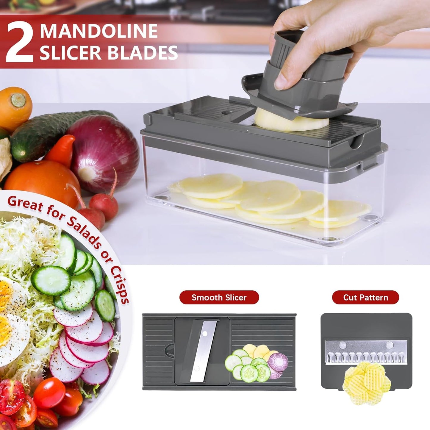 Vegetable Chopper, Onion Chopper Dicer, Mandoline Slicer, Food Chopper with Container, Vegetable Cutter for Salad Potato Carrot Garlic（2 Blades, Black）