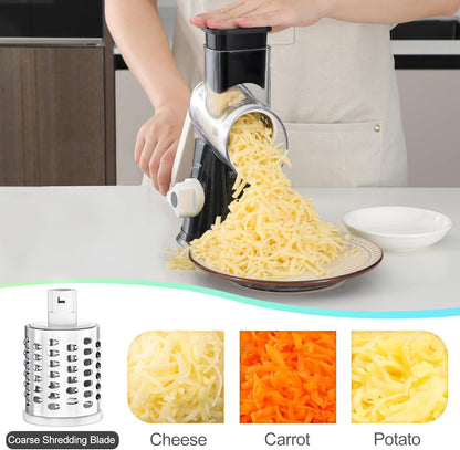 Ourokhome Rotary Cheese Grater Hand Crank, Kitchen Shredder Speed Mandolin Slicer Nut Grinder with Handle and Drum Blades for Cheese, Vegetable, Walnut, Chocolate, Potato, Carrot, 3 Blades, Dark Blue
