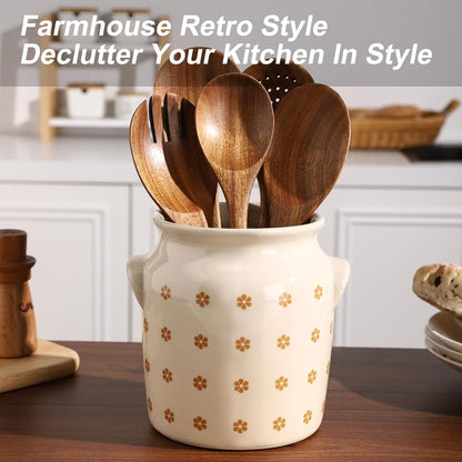 Ceramic Farmhouse Kitchen Utensil Holder for Countertop, Rustic Cooking Utensil Holder Crock Fit for Kitchen Counter. 6*6.8*6.7 IN