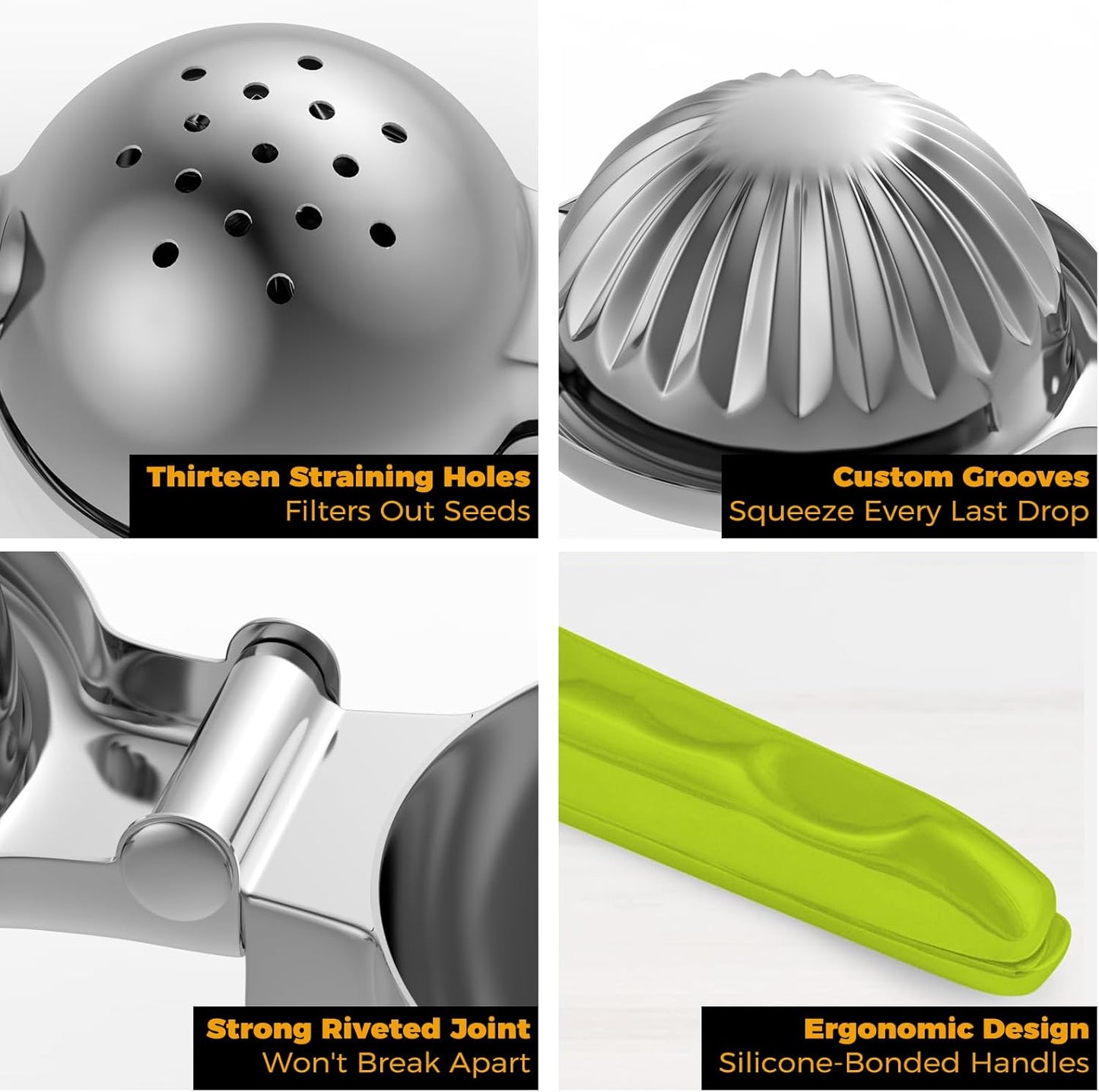 Stainless Steel Lemon Squeezer - Metal Citrus Juicer - Lime Lemon and Fruit Juicer with Silicone Handles - Large Manual Citrus Press Juicer - Hand Held Squeezer - Ergonomic Design with Solid