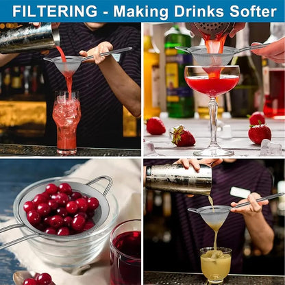 Cocktail Strainer Set, 2 Pack Stainless Steel Fine Mesh Bar Strainers with Muddler, 3.35 in Size, for Cocktails Tea Coffee Juice, Home Bar and Shaker Use
