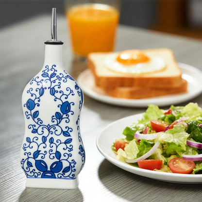 20oz Vintage Ceramic Olive Oil Dispenser Bottle, Gourd Shape Blue and White Porcelain Oil Bottle with Spout and Funnel,Drip-Free Cruet, for Oil, Vinegar, Soy Sauce, Coffee Syrup, Liquids