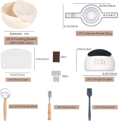 Bread Proofing Basket Kit, 9 In Round Sourdough Proofing Basket with Linen Liner, Silicone Bread Sling, Bread Lame, Danish Dough Whisk, Dough Scraper Kit, Silicone Brush & Bowl Scraper