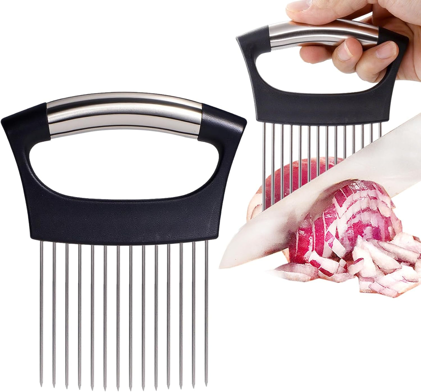 JAYVAR Extra-Large Onion Holder for Slicing, 304 Stainless Steel Onion Cutter Vegetable Chopper, Extra-Large Tomato Slicer with 16 Long Needles, Potato Slicer, Meat Tenderizer, Food Slicing Guide